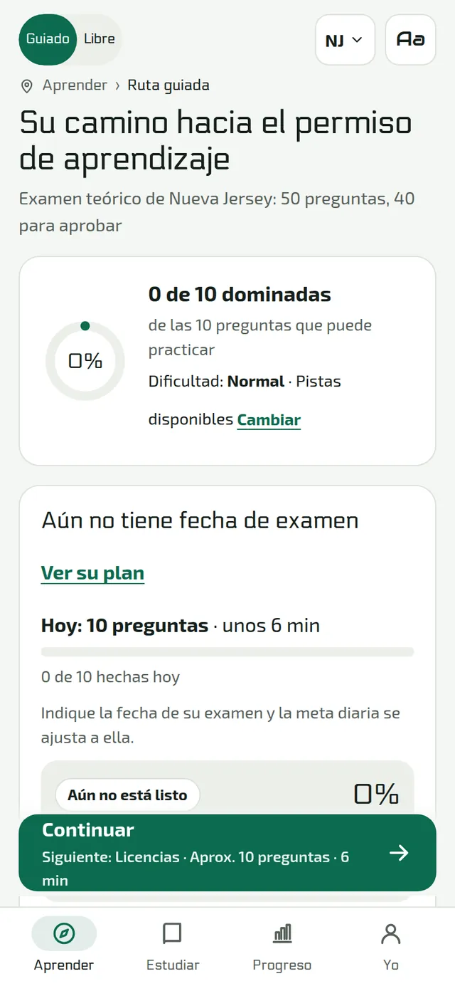 Un plan para cada día: Fije la fecha de su examen y la meta diaria se ajusta a ella.