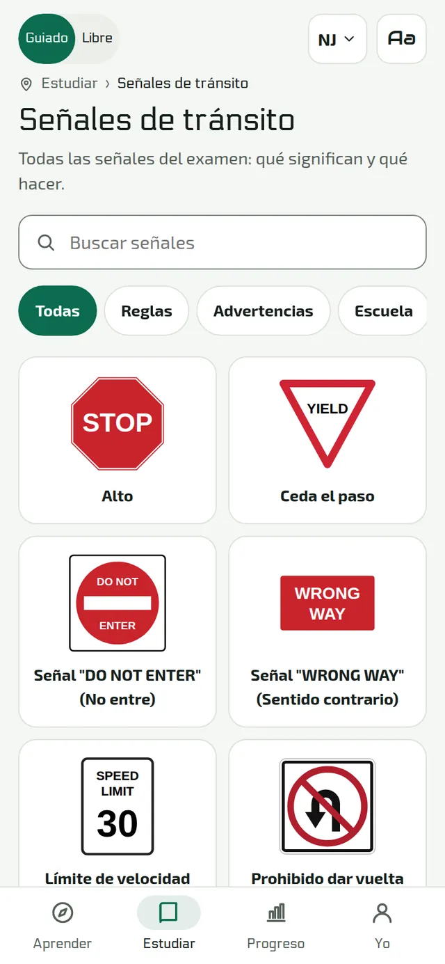 Todas las señales del examen: Busque señales por nombre o explórelas por tipo.